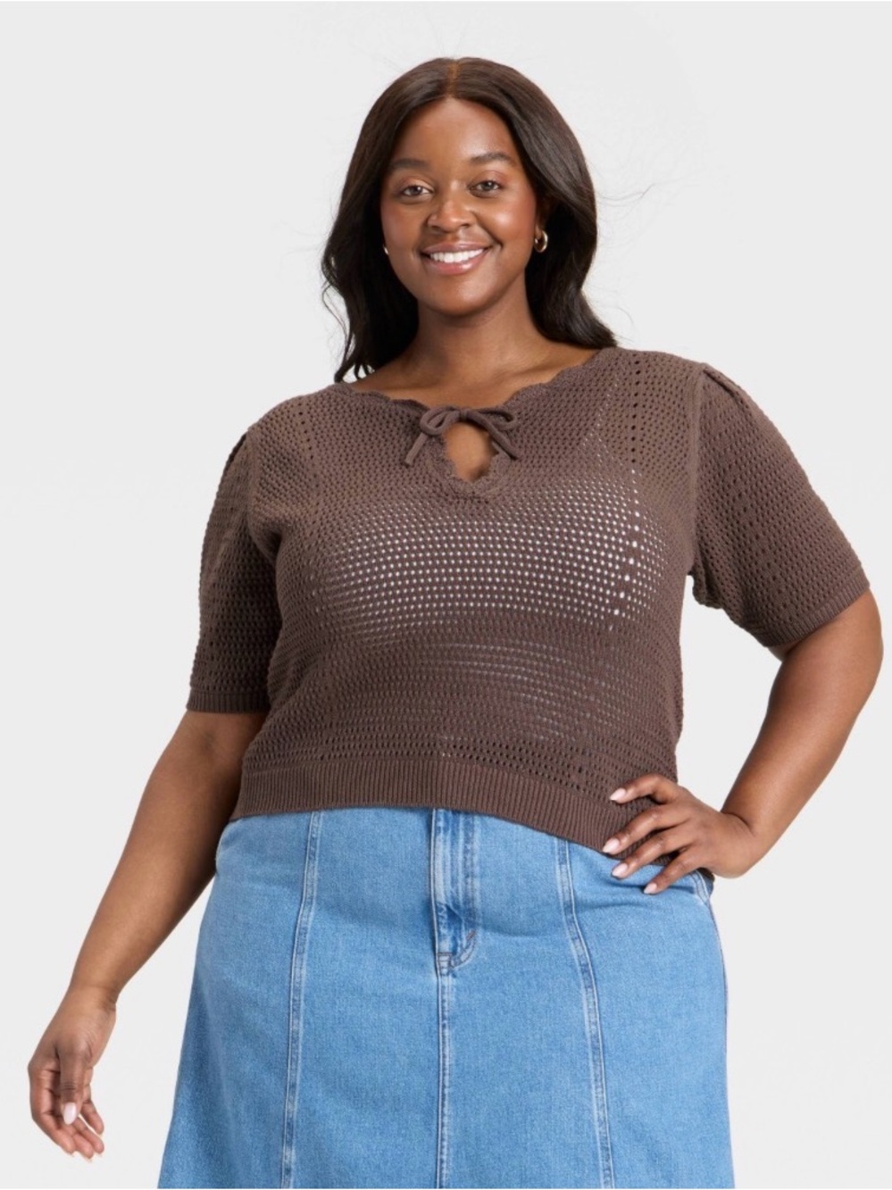 NWT Universal Thread Brown Open-Knit Tie-Neck Short Sleeve Sweater